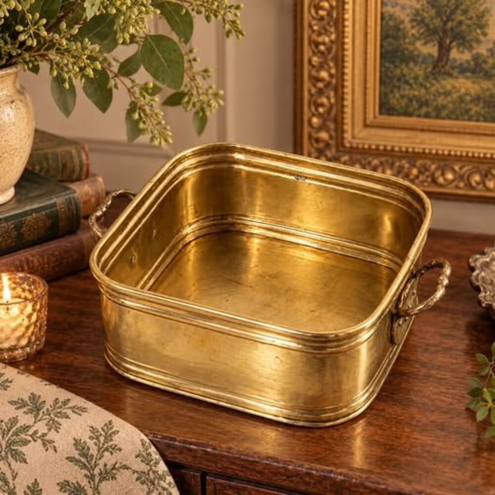 Vintage Brass Rectangular Planter with Handles French Country Metal Cachepot Cen